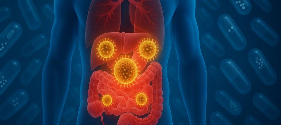 Sindirim sisteminde, özellikle mide ve bağırsaklarda gastroenterit enfeksiyonuna neden olan sarı küresel virüs veya bakteri benzeri patojenlerin vurgulandığı, insan vücudunun iç organlarını şematik olarak gösteren bir illüstrasyon.