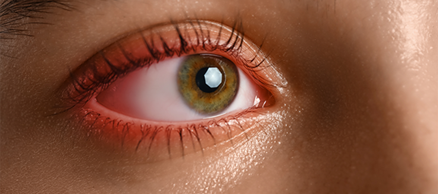 Göz iltihabı belirtileri gösteren, beyaz kısmı kızarmış ve tahriş olmuş yeşil gözün yakından çekimi.