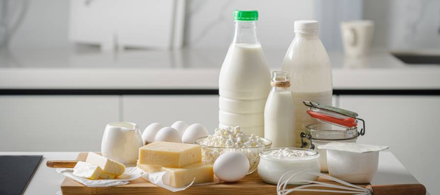 Bir mutfak tezgâhı üzerinde çeşitli süt ürünleri: süt şişeleri, yoğurt, peynir, tereyağı, yumurta, lor ve krema kâseleri.