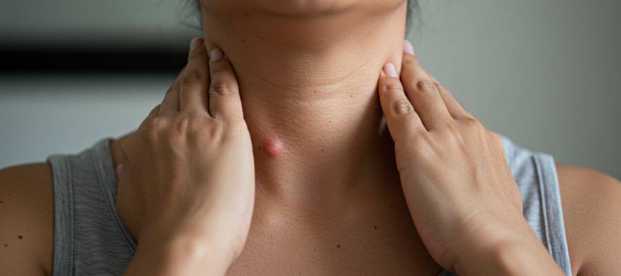 Boğazında kızarık ve şiş bir nodül olan, elleriyle boynunu tutan bir kadın. Nodül, boynun ön kısmında belirgin şekilde görünmekte olup kişinin rahatsızlık hissettiği izlenimi verilmektedir.