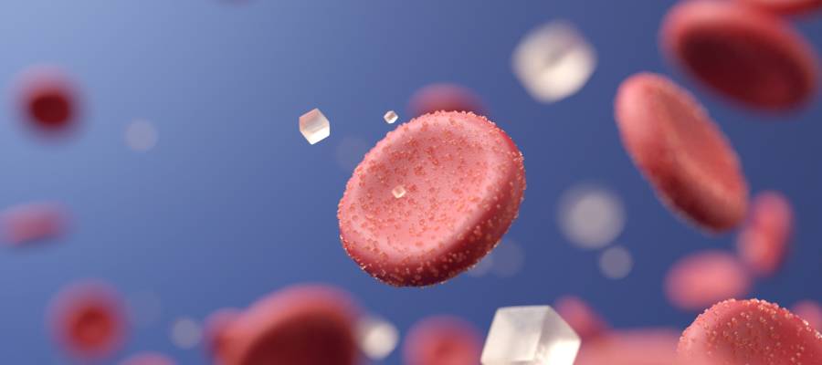 Kanda dolaşan glukoz molekülleriyle çevrili kırmızı kan hücrelerini gösteren 3D görselleştirme.