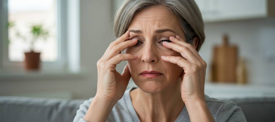 Kapalı ortamda oturan orta yaşlı bir kadın, gözlerini kapatmış ve her iki eliyle bastırarak bulanık görme veya göz rahatsızlığı yaşıyor.