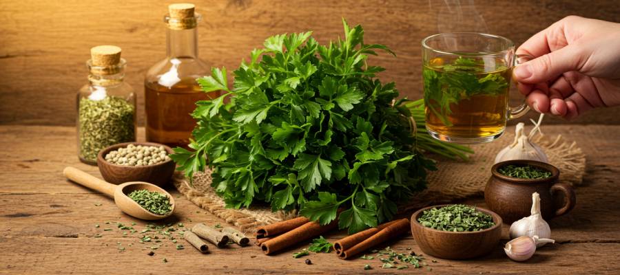 Tahta bir zeminde taze maydanoz demeti, kurutulmuş maydanoz, tarçın çubukları, sarımsak, bitkisel yağ şişeleri ve bir fincan maydanoz çayı bulunan doğal ve sağlıklı bir kür sunumu.